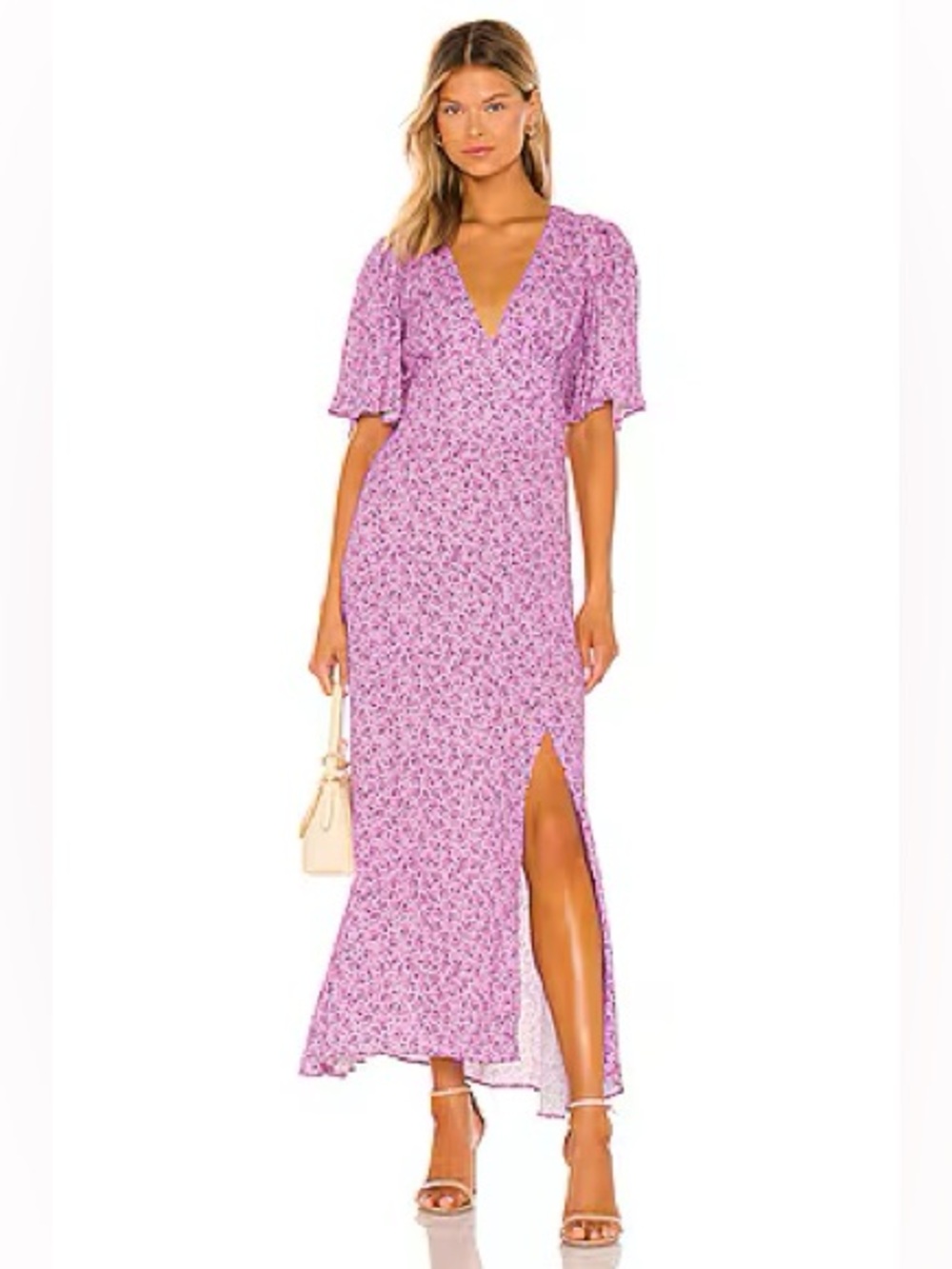 AFRM Lavender Pink Floral Maxi Dress with V-Neck & Front Slit